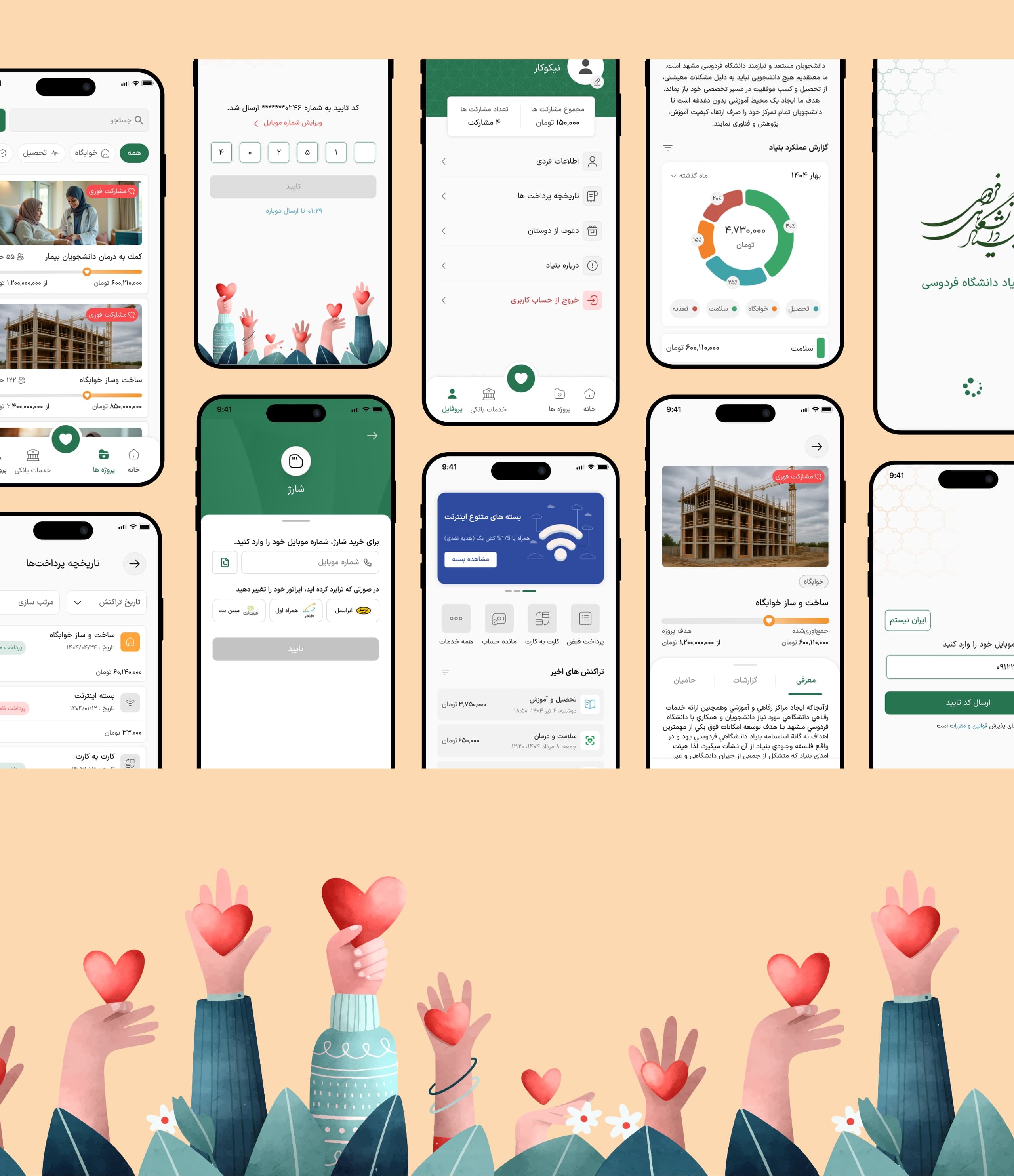 Other screens: campaigns, sign-in, profile, reports, charge, banking and payment history