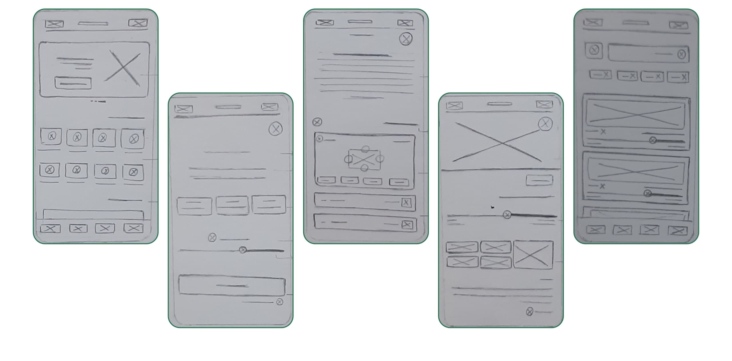 Five hand-drawn wireframes of the main screens